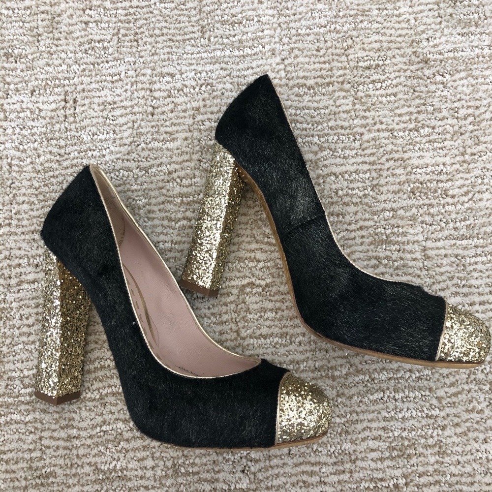 Miu Miu Gold Glitter and Calf Hair Pumps